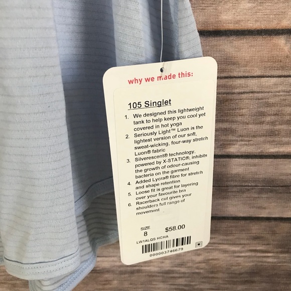 NWT HCHA AQUA BLUE LULULEMON 105 SINGLET TANK TOP - Picture 2 of 6